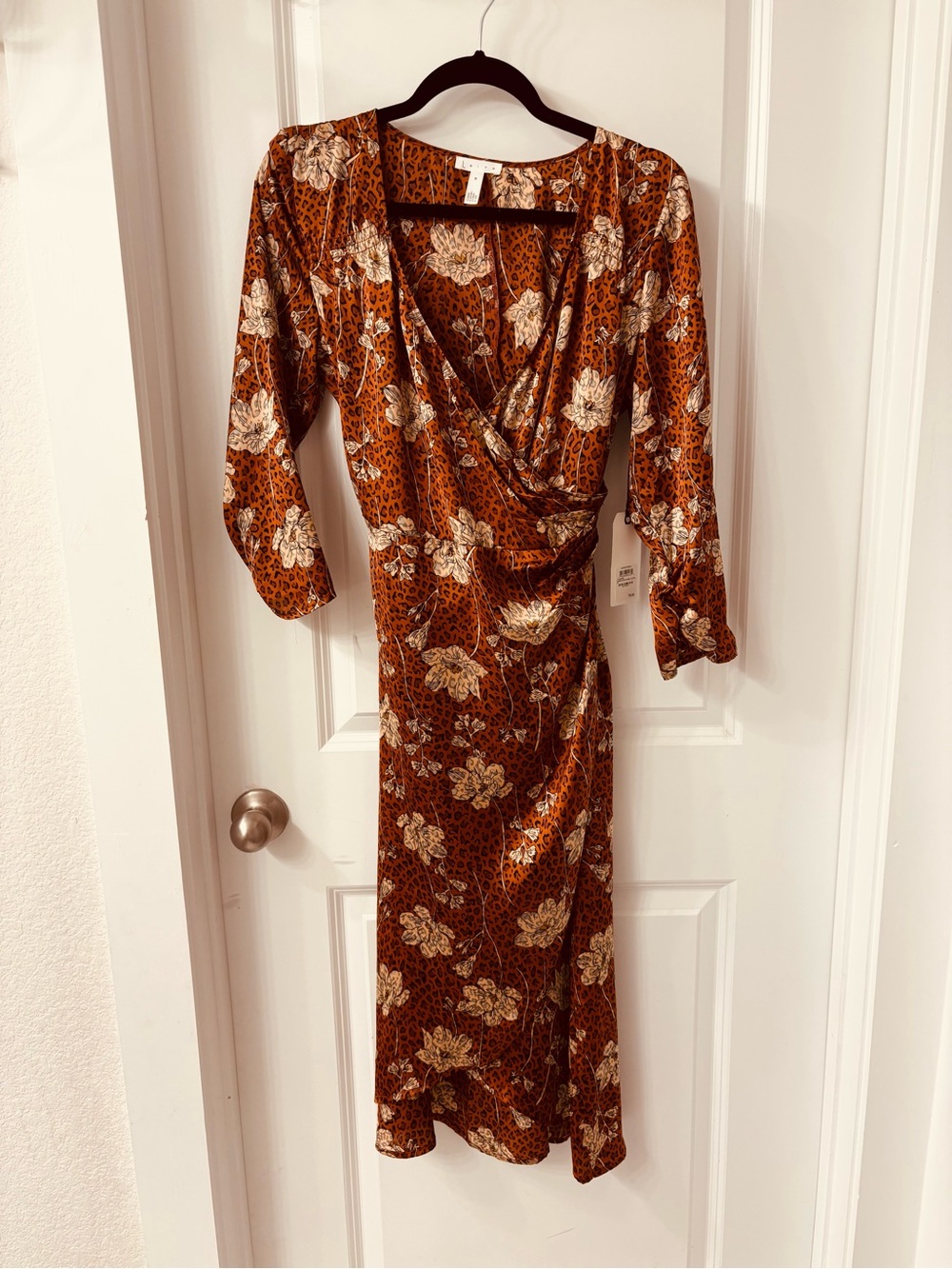 Leith Rust Floral Wrap-Style Midi Dress